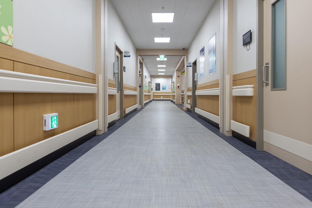 Clean cleanroom corridor with controlled-access doors in a pharmaceutical facility
